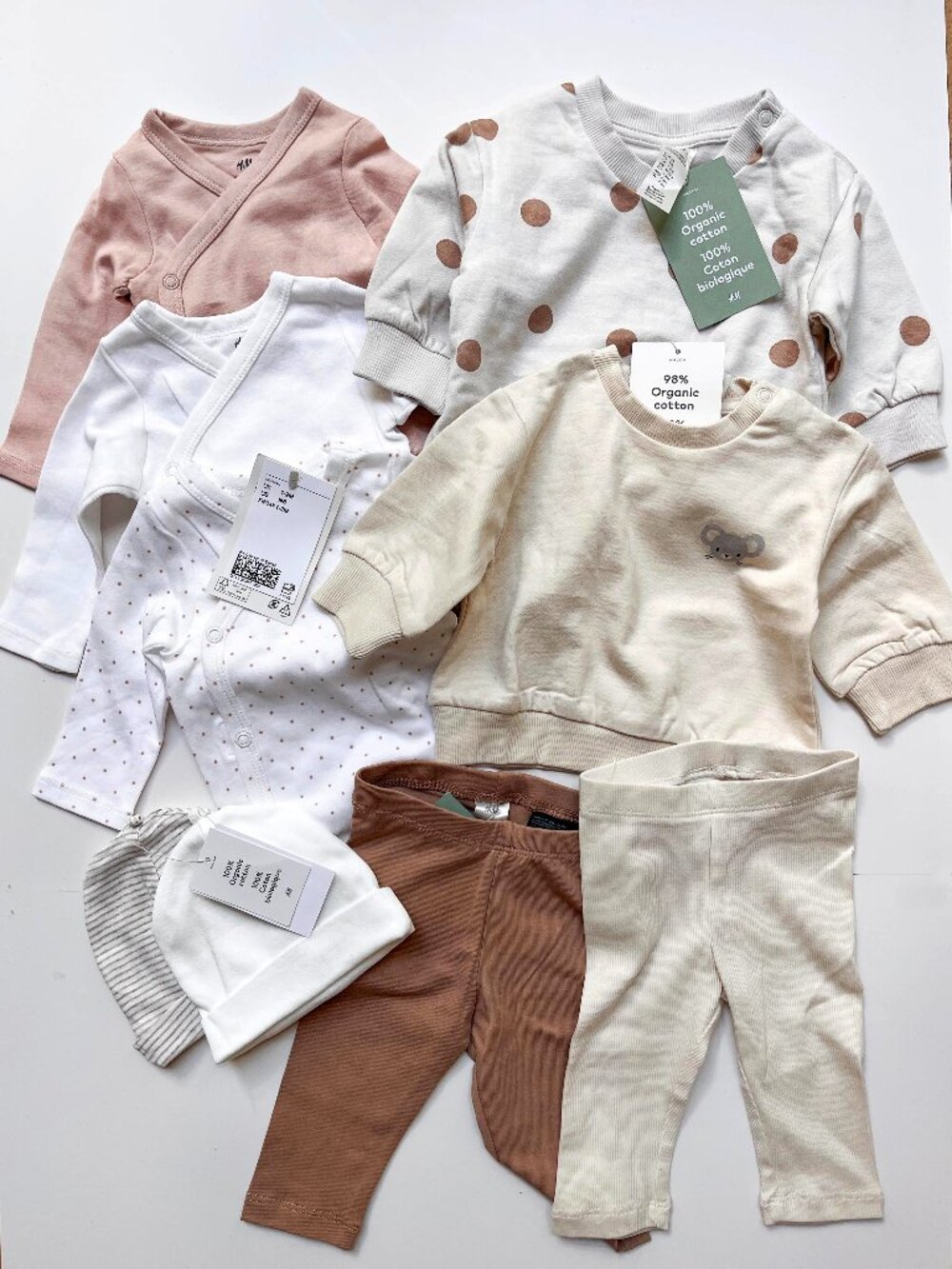 NWT ★: H&M 9 Piece Baby Bundle, White/Tan/Pink, NB